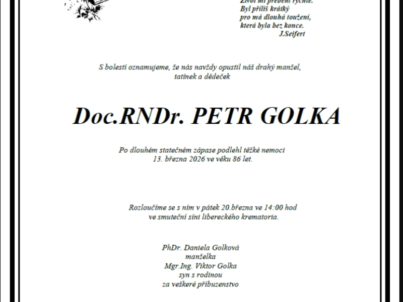 Zemřel doc. Petr Golka